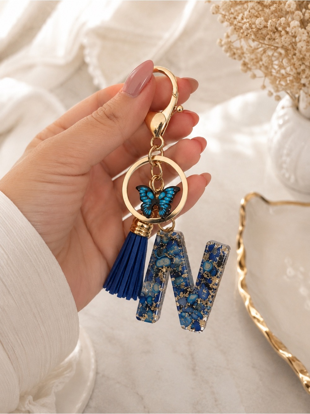 Blue Butterfly N Initial Keychain with Tassel - Gold Hardware